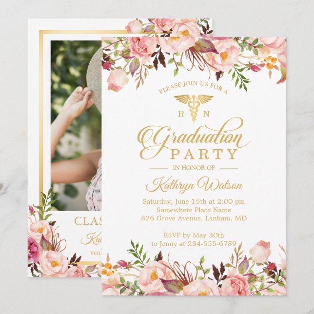 Invitación Licenciado en fotografía por enfermeras florales d (Anverso / Reverso)
