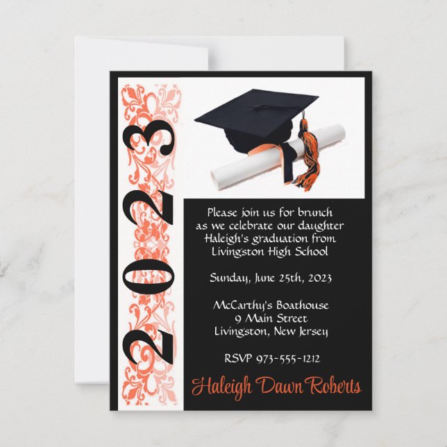 Invitación Licenciatura en Cap & Diploma, negro y Naranja (Anverso)