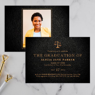 Invitación Licenciatura en Derecho elegante foto de oro negro