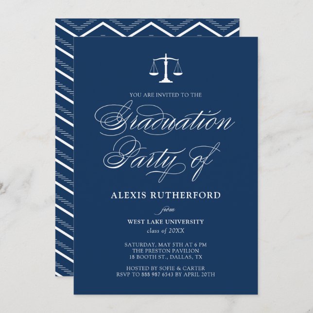 Invitación Licenciatura en Derecho Navy Blue Elegant Script (Anverso / Reverso)