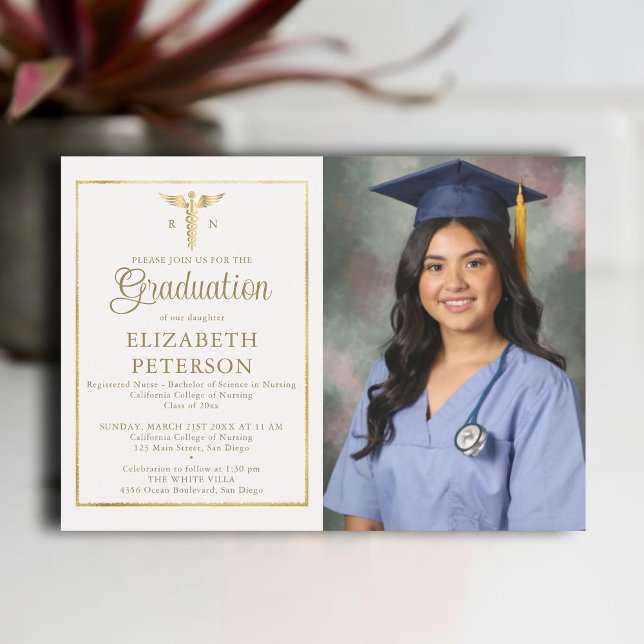 Invitación Licenciatura en Enfermería Graduación en Caduceum  (nursing school graduation gold caduceum frame contemporary modern photo nurse ivory elegant classy)