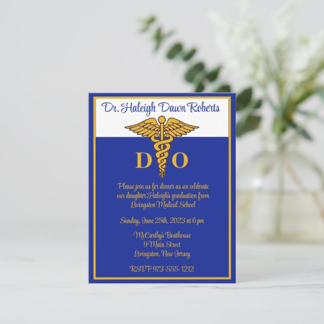 Invitación Licenciatura en Medicina Caduceus Blue & Gold (Anverso de pie)