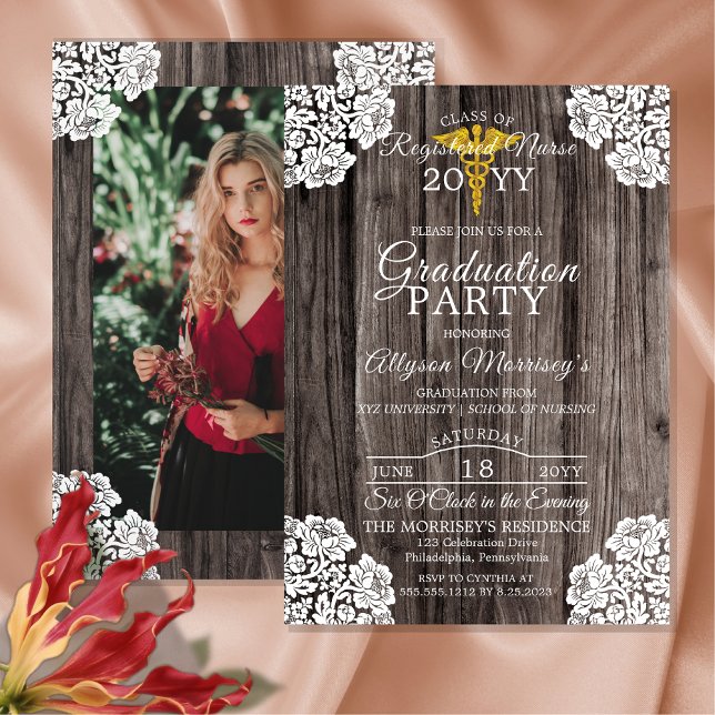Invitación Licenciatura en Medicina de la Escuela de Enfermer (Lace and Wood Rustic Nurse Nursing School Graduate Graduation Announcement |  Party Invitation)