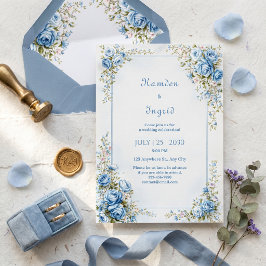 Invitación Lienzo Texturizado Rosa Azul Dorado Borde Ornament