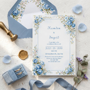 Invitación Lienzo Texturizado Rosa Azul Dorado Borde Ornament