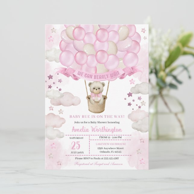 Invitación Ligero rosa Teddy Bear Globos de aire caliente Bab (Anverso de pie)