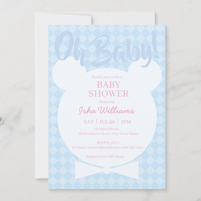 Invitación Light Blue Bear bow tied Oh Baby Shower Invitation (Anverso)