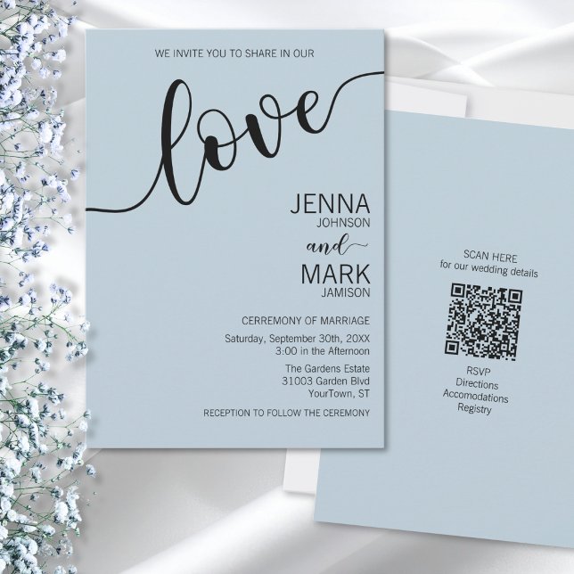 Invitación Light Blue Black Love Script Minimalist Wedding (Subido por el creador)