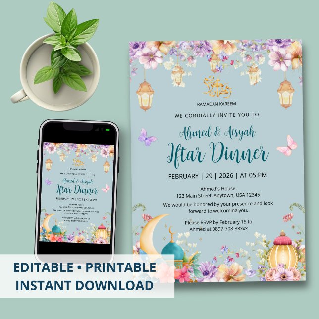 Invitación Light Blue Floral and Butterfly Ramadan Iftar (Subido por el creador)