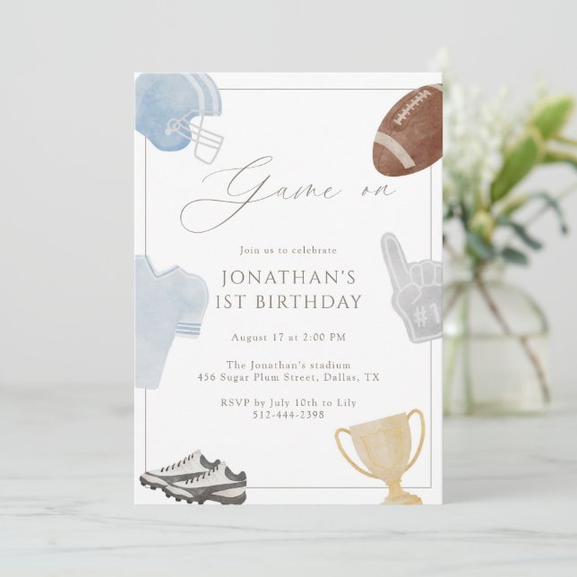 Invitación Light blue Game On Football Birthday (Anverso de pie)