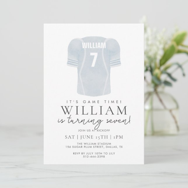 Invitación Light Blue Game Time Football Jersey Birthday  (Anverso de pie)