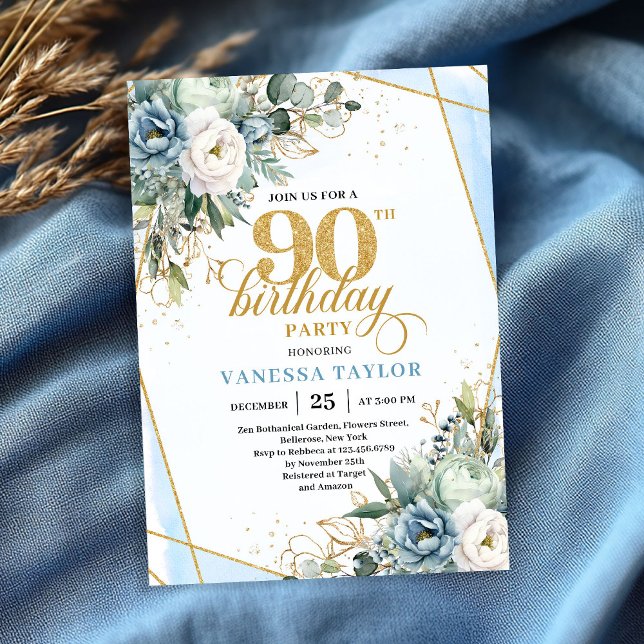 Invitación Light blue gold accents floral chic 90th birthday  (Light blue gold accents floral chic 90th birthday invite)