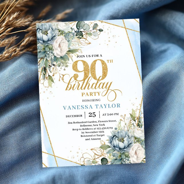 Invitación Light blue gold luxe border greenery 90th birthday (Light blue gold luxe border greenery 90th birthday invite)