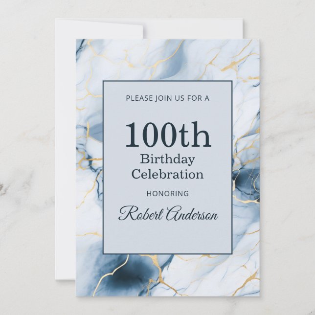 Invitación Light Blue Marble 100th Birthday (Anverso)