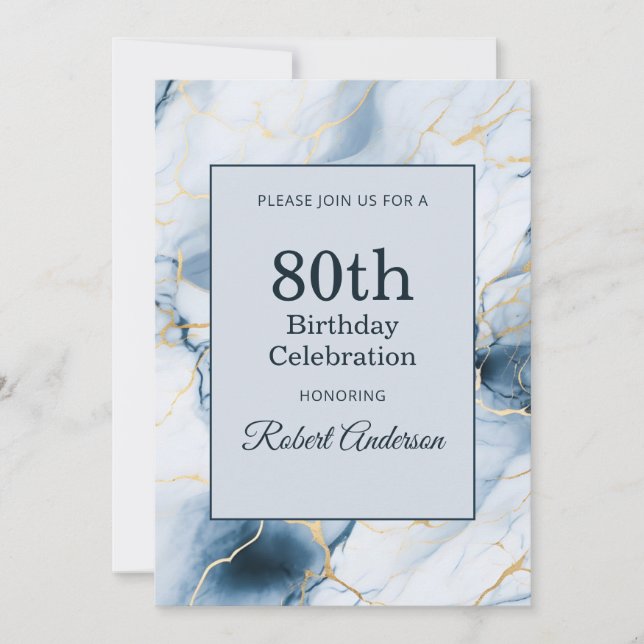 Invitación Light Blue Marble 80th Birthday (Anverso)