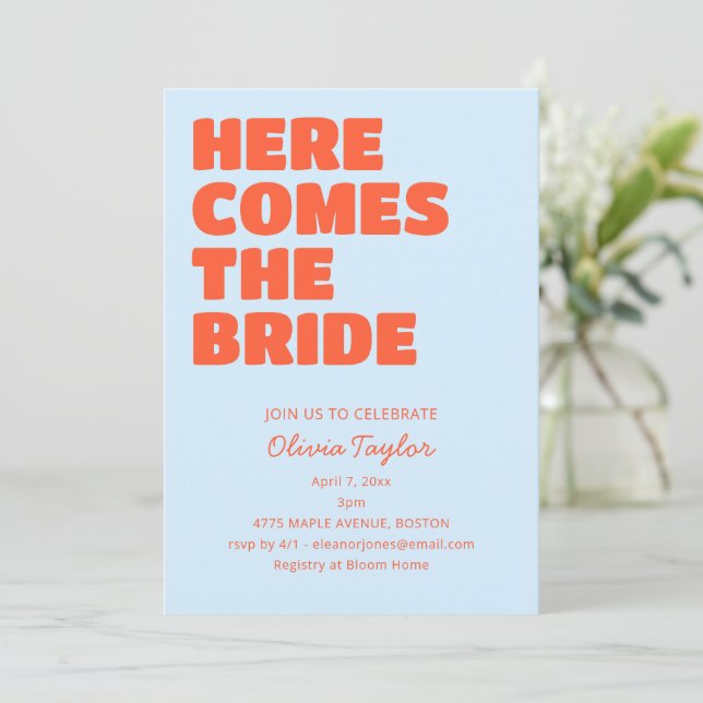 Invitación Light Blue Orange Bold Typography Bridal Shower (Anverso de pie)