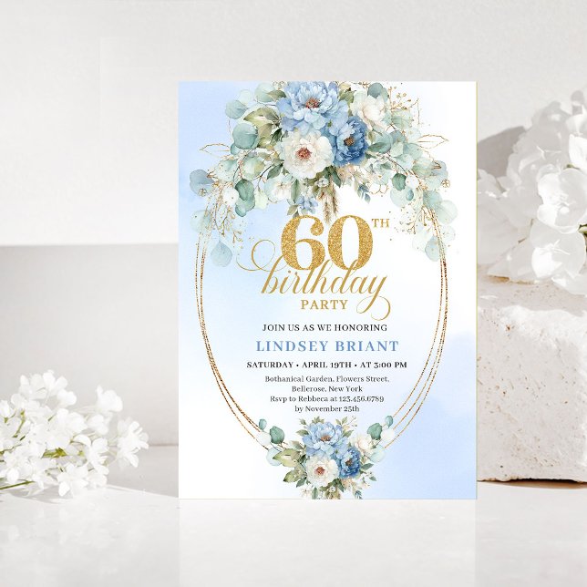 Invitación Light blue peony eucalyptus gold 60th birthday  (Light blue peony eucalyptus gold 60th birthday invitation

)