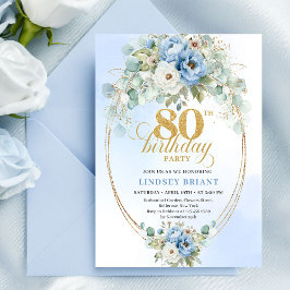 Invitación Light Blue Peony Flowers Gold Frame 80th Birthday