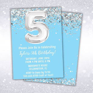 Invitación Light Blue Silver Fiesta de cumpleaños número 5