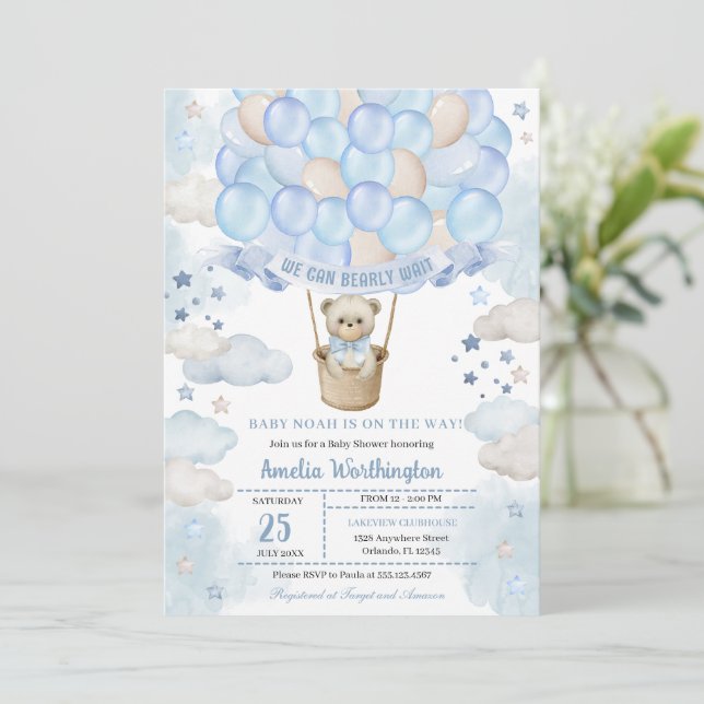 Invitación Light Blue Teddy Bear Hot Air Balloon Baby Shower (Anverso de pie)