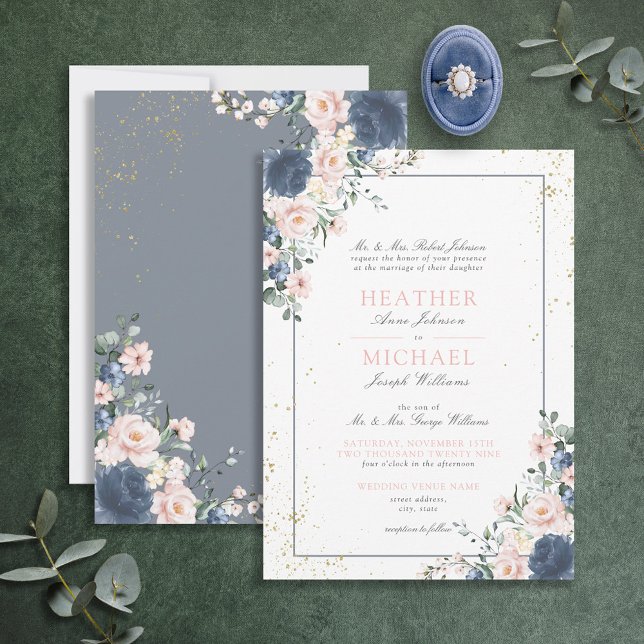 Invitación Light Dusty Blue Blush Pink Gold Floral Wedding In (Subido por el creador)