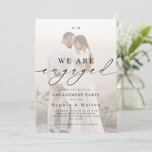 Invitación Light Faded Fading Photo Monogram Engagement Party (Anverso de pie)