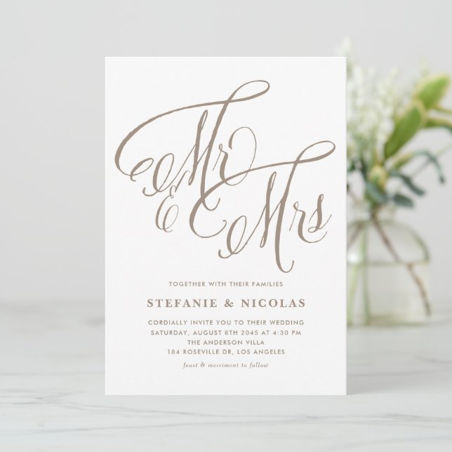 Invitación Light Gold Mr. y la Sra. Rustic Calligraphy Boda (Anverso de pie)