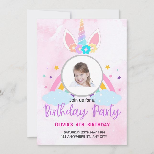 Invitación Light Pink Cute Unicorn Stars 4TH Birthday (Anverso)