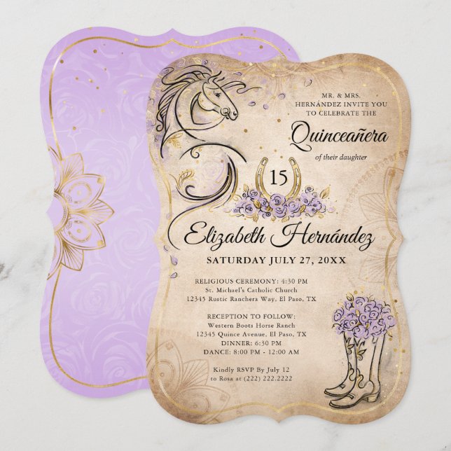 Invitación Light Purple and Gold Quince Rustic Horse Birthday (Anverso / Reverso)