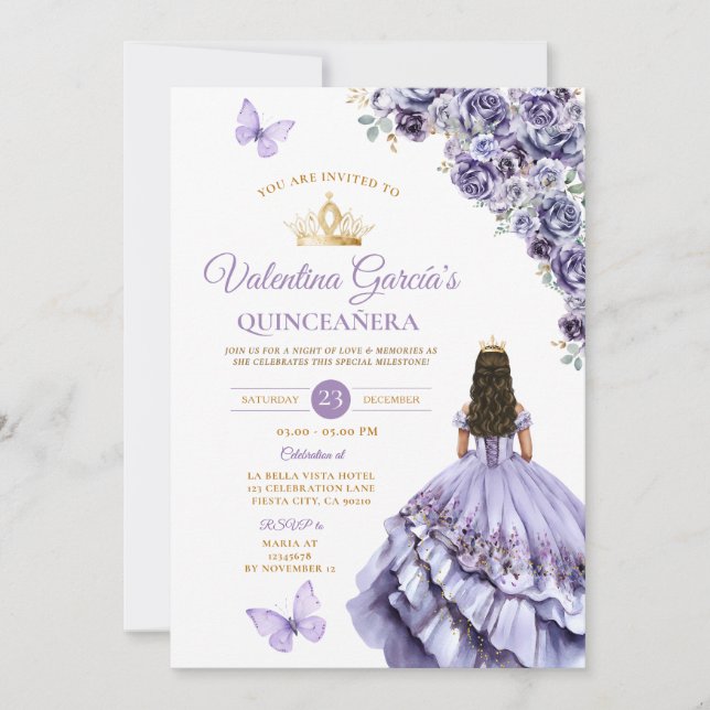 Invitación Light Purple Dress Quinceañera 15 Anos Floral Gold (Anverso)