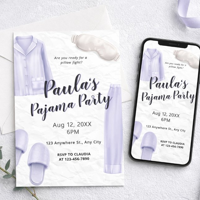 Invitación Light Purple Girls Sleepover Pajama Party (Light Purple Girls Sleepover Pajama Party Invitation, Girls Birthday Theme)