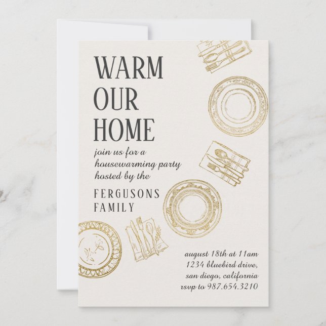 Invitación Light Soft Beige Gold Dining House Warming Party (Anverso)