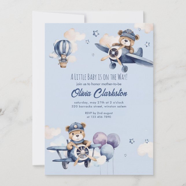 Invitación Light Soft Blue Teddy Bear Aircraft Baby Shower  (Anverso)