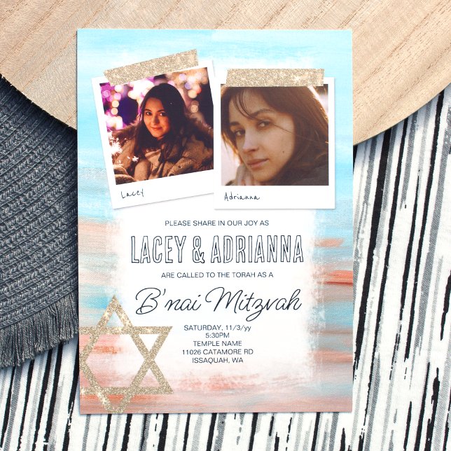 Invitación Light Turqoise, Beige Glitter B'nai Bat Mitzvah (Stylish Cyan, Sienna Beige Girl's B'nai Mitzvah Invitation. Bat Mitzvah Invitations with 2 photos)