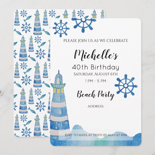 Invitación Lighthouse Beach Watercolor Pintado a mano (Anverso / Reverso)