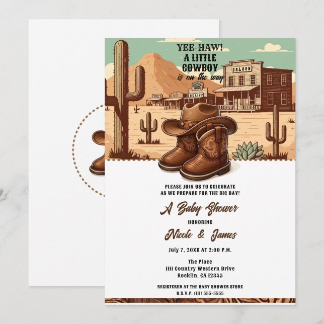 Invitación Lil Cowboy Country Western Boots + Baby Shower Gor (Anverso / Reverso)