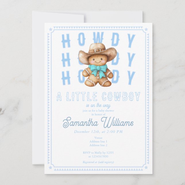 Invitación 'Lil Cowboy Gingerbread Navidades Blue Baby Shower (Anverso)