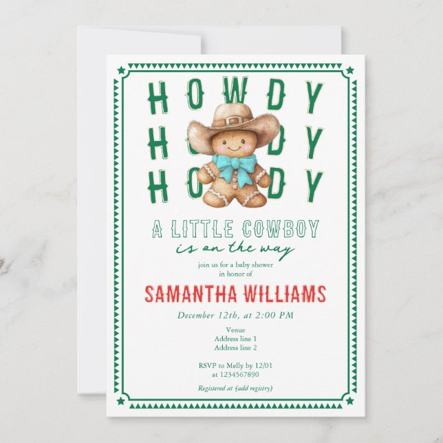 Invitación Lil Cowboy Gingerbread Navidades Green Baby Shower (Anverso)