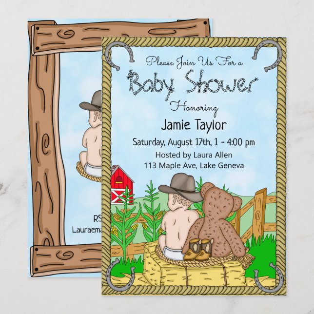 Invitación Lil' Cowboy y el Baby Shower de Teddy Bear Boy (Anverso / Reverso)