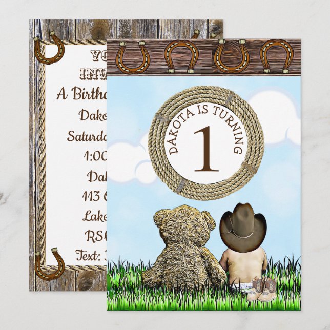 Invitación Lil' Cowboy y Teddy Bear First Birday Party (Anverso / Reverso)