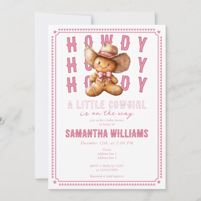 Invitación Lil Cowgirl Gingerbread Navidades Rosa Baby Shower (Anverso)