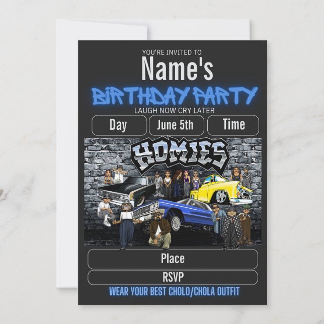 Invitación Lil Homies Birthday Invitation, Cholo 90s Theme  (Anverso)