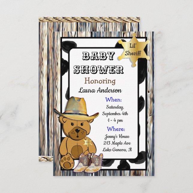 Invitación Lil' Sheriff Teddy Bear Cowboy Baby Shower (Anverso / Reverso)