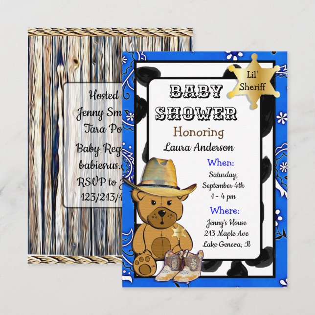 Invitación Lil' Sheriff Teddy Bear Cowboy Baby Shower (Anverso / Reverso)