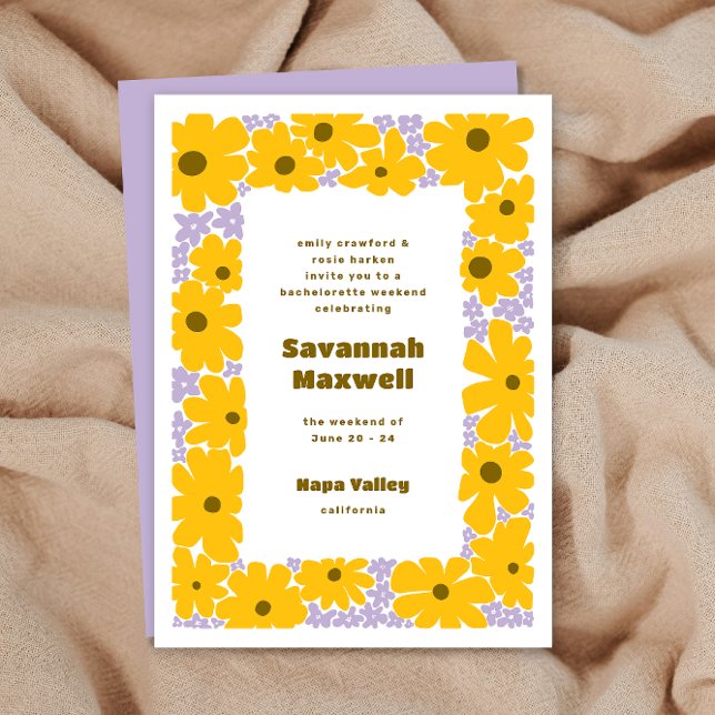 Invitación Lila Amarillo Soleado Flores Groovy Boho Despedida (Subido por el creador)