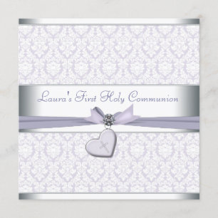 Invitación Lila Damask Cross Niñas Morado Primera Comunión