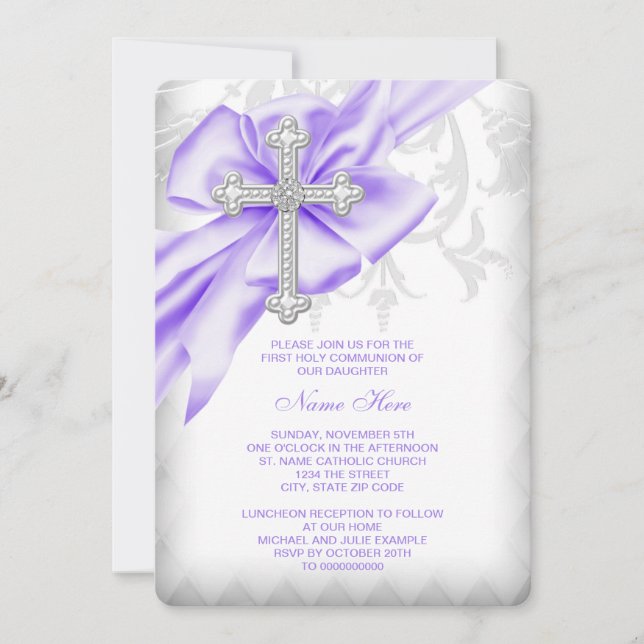 Invitación Lila Damask Cruz Primera Comunión (Anverso)