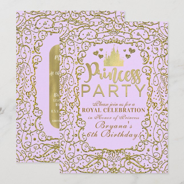Invitación Lila Dorado Castillo Real FIESTA DE PRINCESA (Anverso / Reverso)