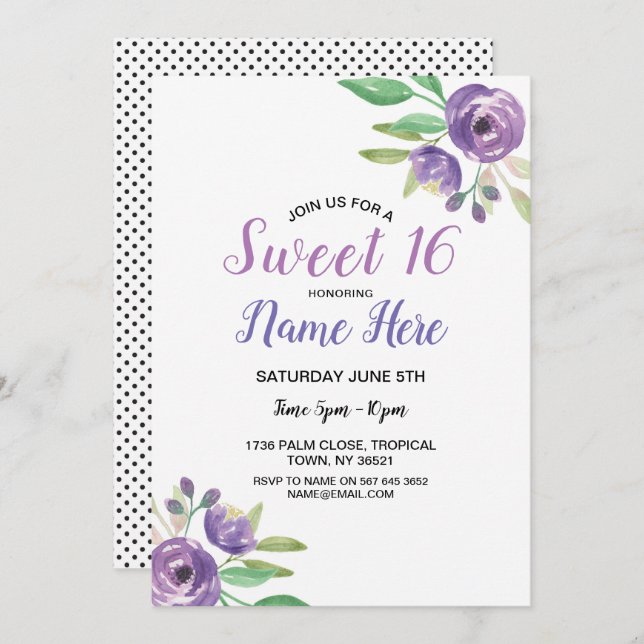 Invitación Lila floral de la flor púrpura de la fiesta de (Anverso / Reverso)