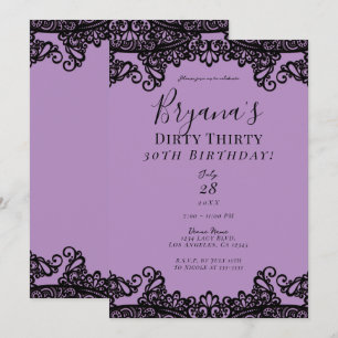 Invitación Lila Lavanda Encaje Negro Sucio Cumpleaños 30